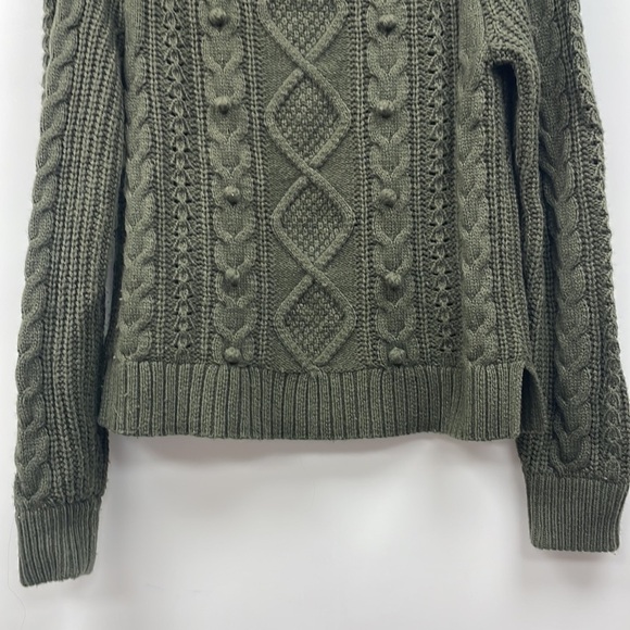 J. Crew Ezra Cable Knit Pom-Pom Crewneck Sweater Boho Grandpa Army Green XS - Picture 4 of 9